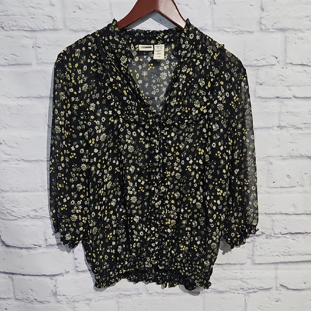 Route 66 Black Floral Sheer Ruffle Blouse with Yellow and Cream Flowers